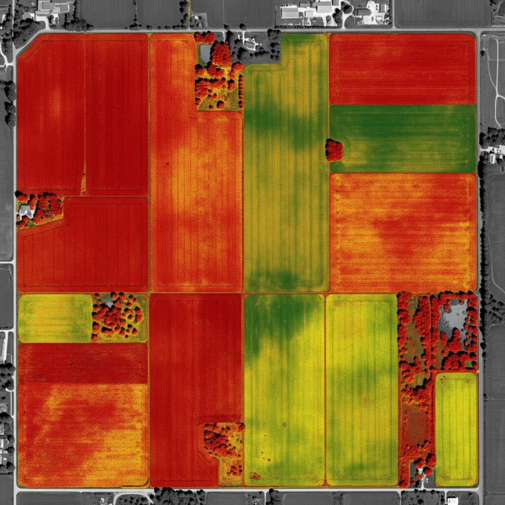 High-resolution NDVI image of a field near Lisbon, Portugal, showing a crop health map with a color scale (red, yellow, green) indicating varying vegetation indices, generated via specialized drone services for precision agriculture and detailed analysis.
