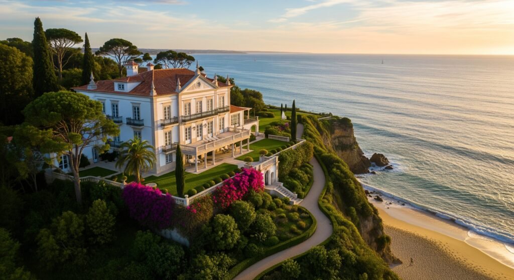Drone shot of a stunning, traditional Portuguese mansion with a red-tiled roof and white facade, featuring large terraces and lush gardens, situated on a dramatic cliff overlooking the Atlantic Ocean near Lisbon, ideal for luxury real estate marketing.
