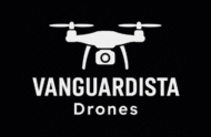 Black minimalist logo of a camera‑equipped quadcopter drone above the words “Vanguardista Drones”.