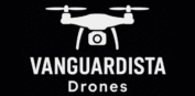 Black minimalist logo of a camera‑equipped quadcopter drone above the words “Vanguardista Drones”.